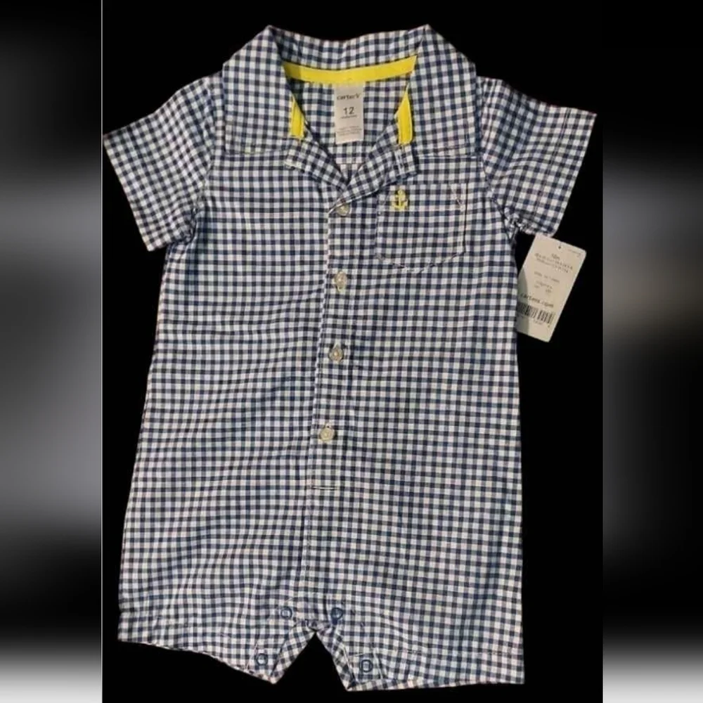 NWT Carter's Blue and White Gingham Plaid Sunsuit ~12M